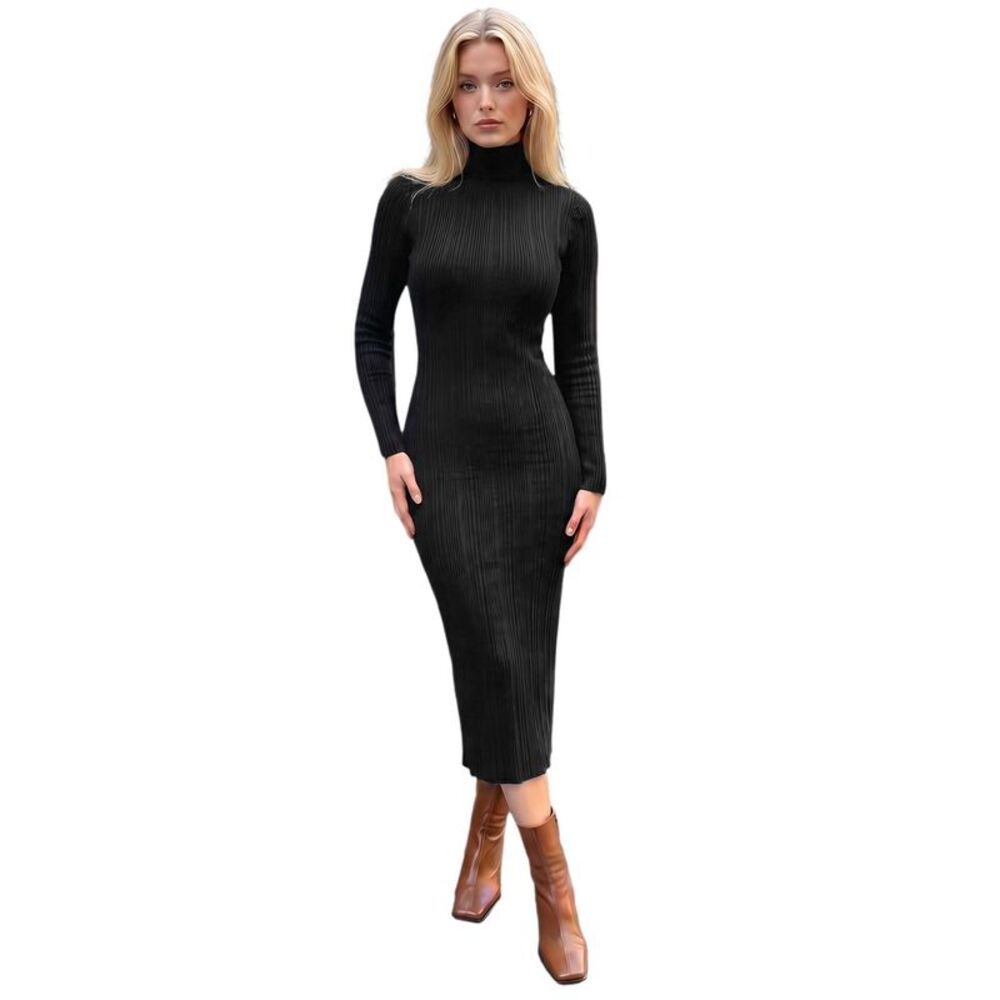 Women's Mock Neck Ribbed Knit Long Sleeve Bodycon Maxi Sweater Dress Black